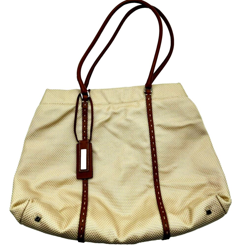 ANTONIO MELANI Tan Brown‎ Canvas Purse Handbag Shoulder Tote Faux Leather Trim